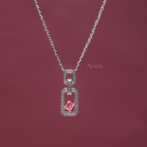 IGI Certified Lab Grown Diamond Emerald Cut Pink <b>Ruby</b> Open Link Pendant <b>Necklace</b> in 9K White Gold Geometric Designer <b>Necklace</b> - Product Image 2