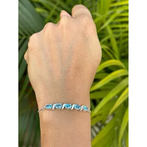 925 <b>Silver</b> Beaded Charm <b>Bracelet</b> with Blue Topaz Trendy Zircon Bangles for Wedding Anniversary Engagement or Gift - Product Image 5