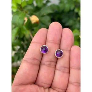 925 Gold Plated Round <b>Amethyst</b> <b>Stud</b> <b>Earrings</b> Diamond Bezel Setting Trendy Butterfly Geometric Ball Design for Engagement Party - Product Image 1