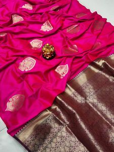 Lichi soie femmes Sari avec élégant or Zari Wiving travail frontière conception ordinaire Blouse vêtements indiens et pakistanais - Product Image 5