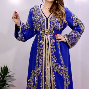 2025 @ Broderie Zari éblouissante pour femme sur robe caftan bleu royal avec perles de verre en cristal embellies, Dabka, perles, travail de la pierre - Product Image 1