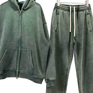 Ensemble survêtement à capuche zippé vert délavé pour homme, veste en molleton vintage, pantalon de jogging, tenue décontractée streetwear, tenue de sport d'hiver - Product Image 5