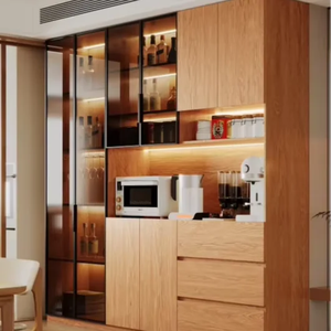 Buffet contemporain avec finition grain de bois, vitrine haute en verre, tiroirs, espace boissons et aménagement intégré sur mesure - Product Image 1