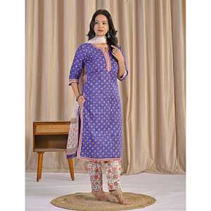 Conjunto de Kurta y Pantalón de Algodón Morado con Estampado a Mano y Manga Tres Cuartos para Uso Diario - Product Image 6