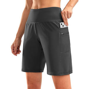 Bermuda long pour femme taille haute 9 ''Short d'entraînement athlétique longueur genou avec poches zippées pour la salle de sport, confort quotidien - Product Image 1