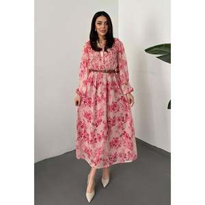 <b>Pink</b> Solid Autumn Breathable Long Sleeve Midi Dress with Piping Detail-100% Cotton Woven Natural Waist A-Line Silhouette - Product Image 2