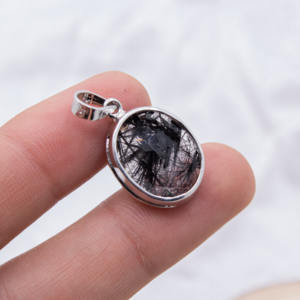 925จี้อัญมณีควอตซ์พลอยเทียมสีดำรูปไข่ธรรมชาติทำด้วยมือเครื่องประดับชุบทองสำหรับปาร์ตี้ - Product Image 2