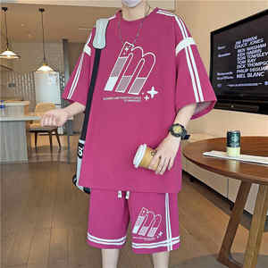 Nouvel ensemble d'été pour homme : T-shirt et short, style urbain vintage, respirant, tricoté 100% coton, imprimé, deux pièces, coupe ajustée - Product Image 1