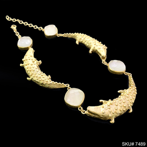 Elegante collar con colgante de cocodrilo de piedras preciosas de cuarzo rosa chapado en oro hoja de perla de latón clásico elegante moda de mujer SKU7489 - Product Image 5