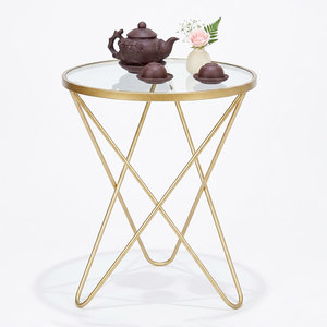 Modern Farmhouse Round <b>Side</b> <b>Table</b> 40cm with V-Shaped Iron Legs and Glass Top Decorative Living Room Furniture-SST033 - Product Image 1