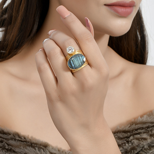 แหวนหินลาบราโดไรต์ทรงรีปรับขนาดได้ ชุบทองเหลือง หินคริสตัลบำบัด ชุบทองคำแท้ รูปพระจันทร์เสี้ยว เครื่องประดับแฟชั่น - Product Image 6