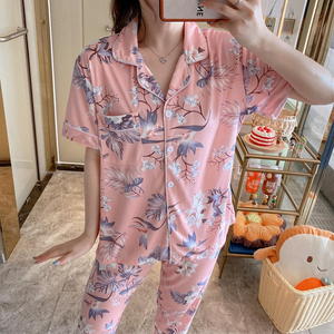 Ropa de dormir de manga corta para mujer, pantalones largos, conjuntos de 2 uds., pijamas de dibujos animados, ocio, solapa dulce coreana con botón, ropa de casa para mujer - Product Image 6