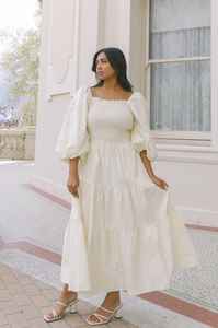 Vacaciones Look gasa blanca verano cuello cuadrado longitud del tobillo con elástico bohemio suelto Casual 3/4 manga señoras Maxi vestido - Product Image 4