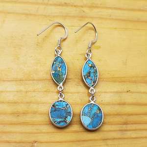 Pendientes de gota de bisel de piedra doble turquesa de cobre azul hecho a mano de Plata de Ley 925 Stock al por mayor para bodas - Product Image 3