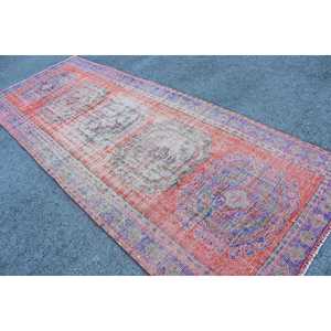 Vintage Rug, 4.3x11.1 ft <b>Runner</b> Rug, <b>Red</b> Floral Wool Turkish Rug - Product Image 4