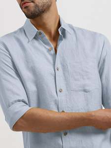 Camisa de Lino y Algodón para Hombre, Estilo Casual, Verano 2024, Manga Larga, Azul Claro, Cuello Clásico, Un Solo Botón, Tinte Liso, Antiencogimiento - Product Image 4