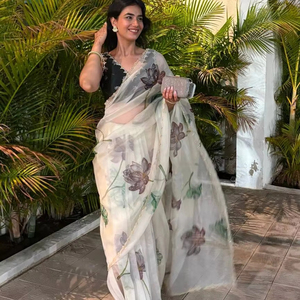 Alta calidad negro elegante diseñador suave Organza Saree estampado Floral cuentas Katdana trabajo hecho a mano tradicional para ropa de fiesta de boda - Product Image 1