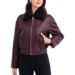 Venta al por mayor de cuero genuino Borgoña chaqueta de bombardero de alta calidad OEM logotipo personalizado colores cierre de cremallera chaquetas de motorista de las mujeres - Product Image 1