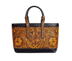 กระเป๋าโท้ทหนังแท้สไตล์โบฮีเมียนสำหรับผู้หญิง งานฝีมือลายดอกไม้ตะวันตก ตกแต่งพู่ห้อย สีและลวดลายสั่งทำได้ สำหรับฤดูใบไม้ร่วง จากผู้ขายอินเดียชั้นนำ - Product Image 1