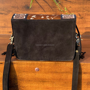 Handcrafted Tooled & Black Suede Leather Fringe Small Crossbody Bag for Women's Western Hair on Cowhide Floral Shoulder Handbags - Product Image 5