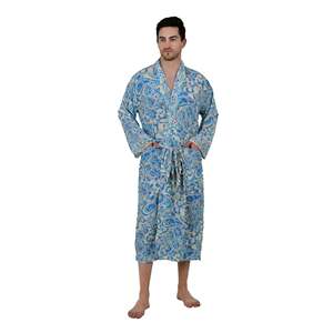 Kimono de Seda Suave con Estampado Floral Persa para Hombre, Estilo Boho Chic, en Tonos Beige y Azul, con Piel Sintética, para Casa de Playa, Talla Regal - Product Image 4