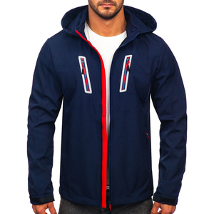 Nouvelle veste bomber softshell légère à capuche pour homme, bleu marine, imperméable, respirante, avec fermeture éclair haute, enduite, décontractée - Product Image 1