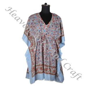 100% algodón Mujer ropa de dormir bloque de mano estampado Kaftan vestido KFCS158 peso ligero mujeres Casual ocasión desgaste corto caftán vestidos - Product Image 4