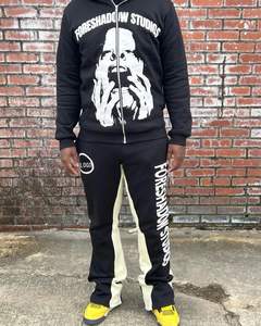 Custom Cotton <b>Raw</b> Hem Hoodies and Flared Stacked Sweatpants Two Piece Tracksuit Set Screen Print Unisex Sweatsuit Men - Product Image 3