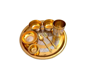 <b>8</b>-Piece Beautifully Handcrafted Traditional <b>Dinnerware</b> <b>Set</b> Brass Thali Plate Bowls Fork with Durable Glass Spoon Tableware Gift - Product Image 1