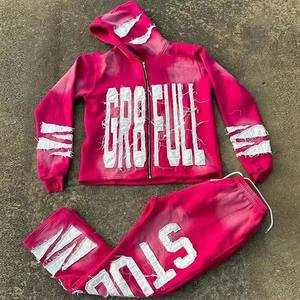 Personalizado 3D Puff estampado polar 100% algodón apilado Joggers pantalones de chándal acampanados y Sudadera con capucha chándal conjunto de 2 piezas para hombres - Product Image 5