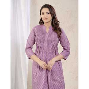 Kurti Moderno Morado con Estampado Floral, Recto, de Chifón y Rayón, Talla Grande, Largo, para Uso Diario en Verano y Fiestas - Product Image 1