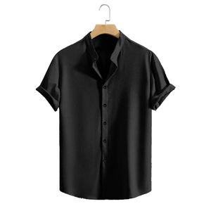เสื้อเชิ้ตสตรีทแวร์ลำลองสำหรับผู้ชายฤดูร้อน แขนสั้น สีพื้น ทรงหลวม ระบายอากาศได้ดี คอตั้ง ติดกระดุม น้ำหนักเบา - Product Image 3