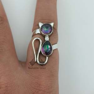Mystic Topaz Dual Gemstone <b>Statement</b> Cat <b>Ring</b> Handmade Sterling Silver 18K for Birthday Christmas Valentine's Day Gift - Product Image 3