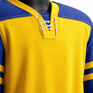 Tenue de hockey sur glace personnalisée jaune et bleue, ensemble maillot et short sublimés, vêtements d'équipe pour adultes, fabricant OEM ODM - Product Image 6