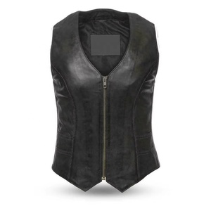 Gilet moto en cuir véritable pour femme, col en V, fermeture éclair, couleur unie, vêtement d'extérieur pour l'automne - Product Image 1