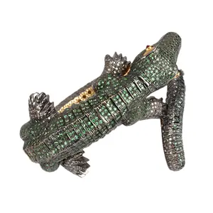925纯银钻石Tsavorite动物手链14k金绿色宝石蜥蜴形手镯手链珠宝批发商