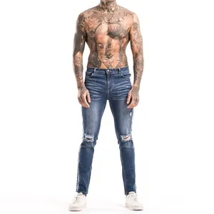 2023 Новинка, оптовая продажа, новые рваные джинсовые ткани с белыми полосами, облегающая одежда для джинсов, оптом для мужчин