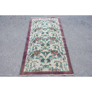 Alfombra de lana turca Vintage 34X65 pies Beige y púrpura clásico área grande rectángulo diseño de retazos para dormitorio con respaldo de látex - Product Image 1