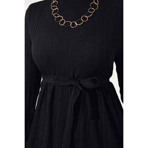 Black <b>Belted</b> Layered <b>Elastic</b> Ankle Casual Dress - Product Image 2