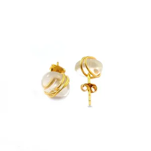水晶石英宝石椭圆形Size8-10mm金属丝包裹金黄925纯银耳钉宝石银耳环