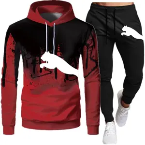 Chándal de invierno OEM de algodón para hombre, Sudadera con capucha de retazos estampada y pantalón acampanado, conjunto de chándal apilado de dos piezas - Product Image 6