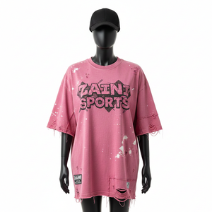 Women Oversize Tshirt Premium 240 GSM Cotton Jersey Soft Acid Wash Pink <b>Distressed</b> Screen Print Custom Logo Women Cotton T-Shirt - Product Image 1