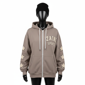 Sudadera con Capucha de Invierno para Mujer, con Cremallera, Mezcla de Algodón Cepillado, Felpa Acogedora, Tono Tierra, Mangas con Apliques de Estrellas, Logotipo de Chenilla Personalizado, Sudaderas Básicas - Product Image 6