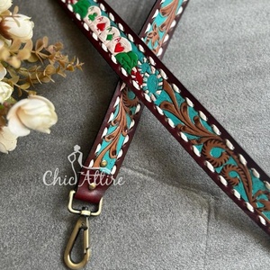 Nouveau véritable cuir véritable peint à la main sac de remplacement sangle Western personnalisé détachable guitare/caméra sangle avec bouton pression en laiton - Product Image 1