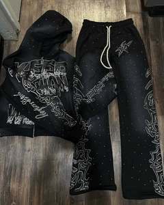 Streetwear Personnalisé Full Rhinestone Zip up Acid Wash Sweat-shirt Premium Quality Rhinestone Boxy Cropped Hoodies Set Men - Product Image 3