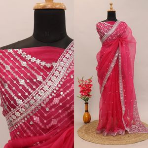 शुद्ध Organza रेशम साड़ी में चांदी codding अनुक्रम में काम के साथ लाल रंग की साड़ी साड़ी के साथ काम organza ब्लाउज