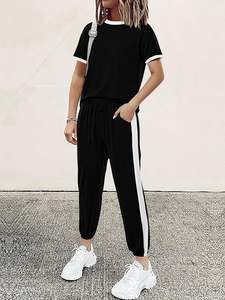 Ensemble de survêtement 2 pièces pour femmes noires, été 2025, hauts à manches courtes, pantalon long de voyage, ensemble de jogging décontracté - Product Image 3