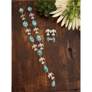 Collier Lariat en Turquoise de Kingman et Argent Sterling Fabriqué par les Navajo, Ensemble de Bijoux Culturels de Collection de Haute Qualité - Product Image 2