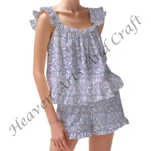 Conjunto de pijama de dos piezas de diseñador de la mejor calidad para mujer Kurta Primavera/Verano Floral ajustado con tiras y volantes - Product Image 2