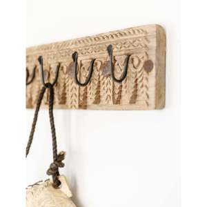 Medium Indian Carved 4-<b>Hook</b> <b>Wall</b> Panel for <b>Wall</b> Display or Coat Rack Purpose - Product Image 5
